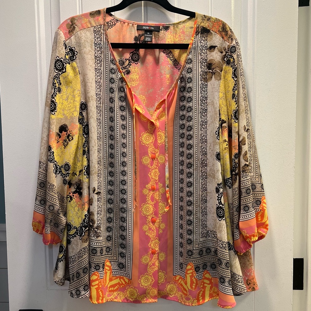 Style & Co. Peach Tan Elastic Hem‎ Long Sleeve Button Front Blouse. Size XL.